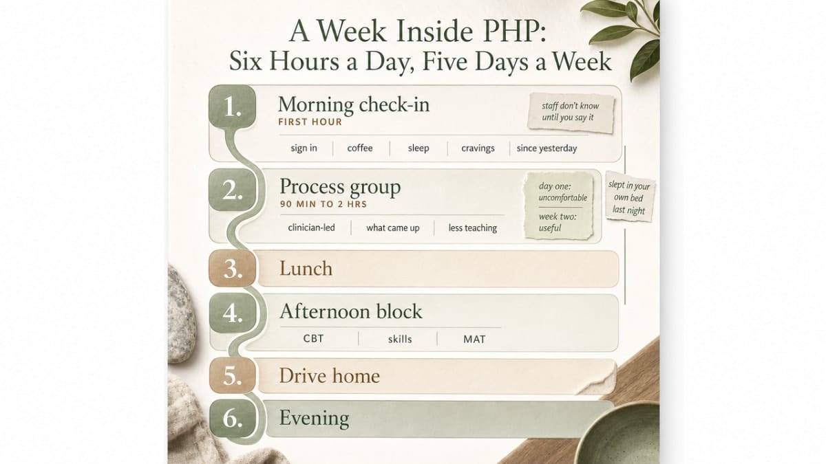 Partial Hospitalization Program Massillon, OH: Step-Down Care 2 Process infographic visualizing the cited daily PHP schedule (morning check-in, process group, lunch, afternoon CBT/skills/MAT, drive home, evening) to support the section's described workflow