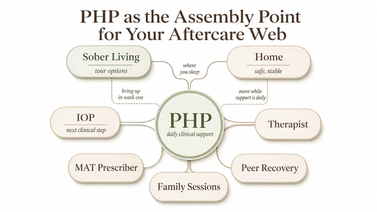Partial Hospitalization Program Massillon, OH: Step-Down Care 3 Process infographic visualizing the aftercare assembly described in this section — PHP at the center coordinating sober living, IOP step-down, therapist, MAT prescriber, peer recovery, and family sessions