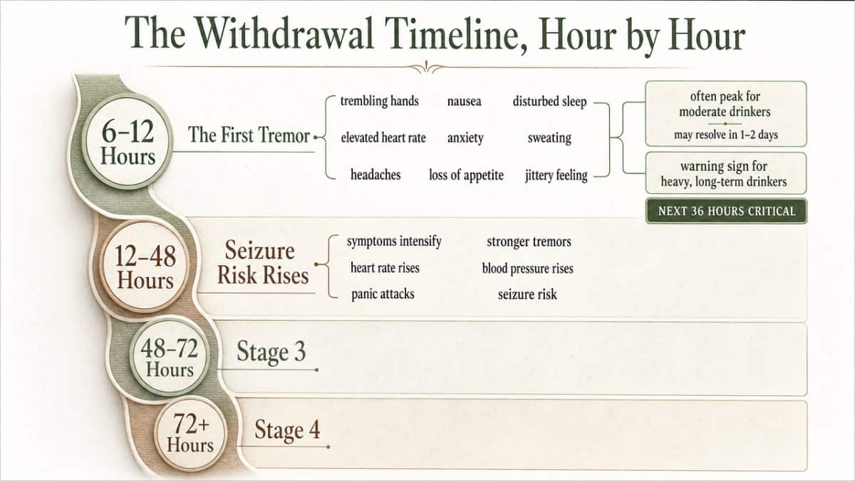 What Happens When Quitting Drinking Cold Turkey? 1 Visualize the cited four-stage withdrawal timeline that the section walks through, helping readers map symptoms to time windows