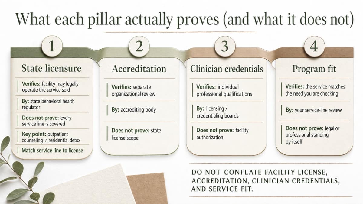 How to Vet a Recovery Center for Safety & Trust 1 Visualize the four-pillar vetting framework introduced in this section, summarizing what each pillar proves and the verifying body behind it