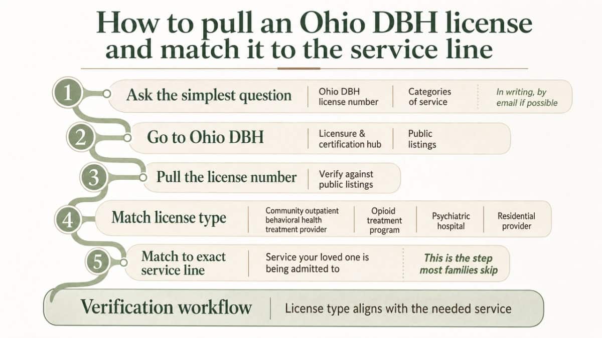 How to Vet a Recovery Center for Safety & Trust 2 Walk the reader through the verification workflow of matching a center's Ohio DBH license to the specific service their loved one needs, as cited in this section