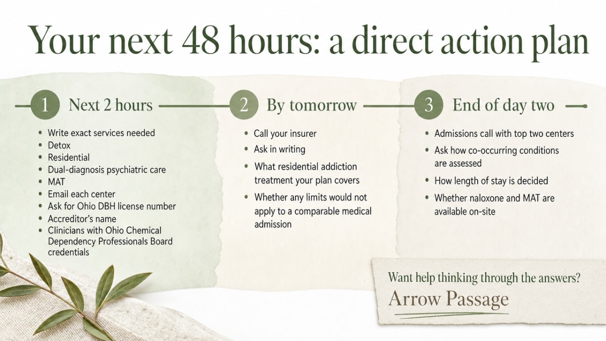 How to Vet a Recovery Center for Safety & Trust 3 Convert the section's stepwise 48-hour action plan into a clear visual timeline the reader can scan and act on