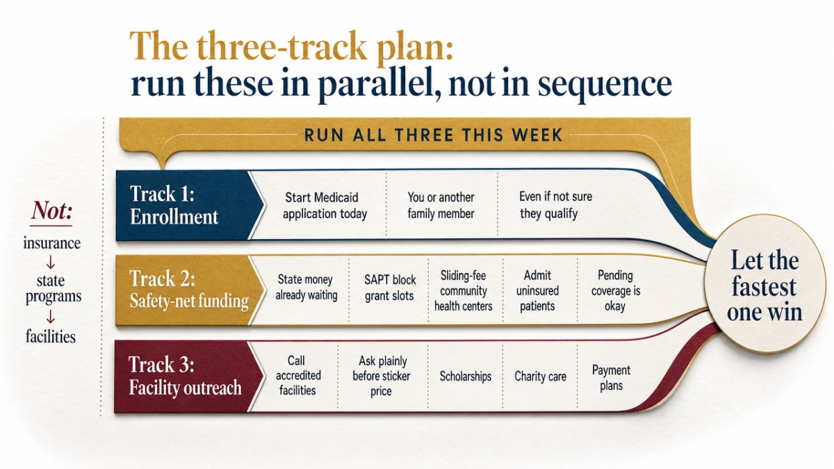 How to Find and Pay for Rehab Without Insurance 2 Process infographic visualizing the three parallel tracks (enrollment, safety-net funding, facility outreach) described in the section so readers can see them running simultaneously rather than sequentially