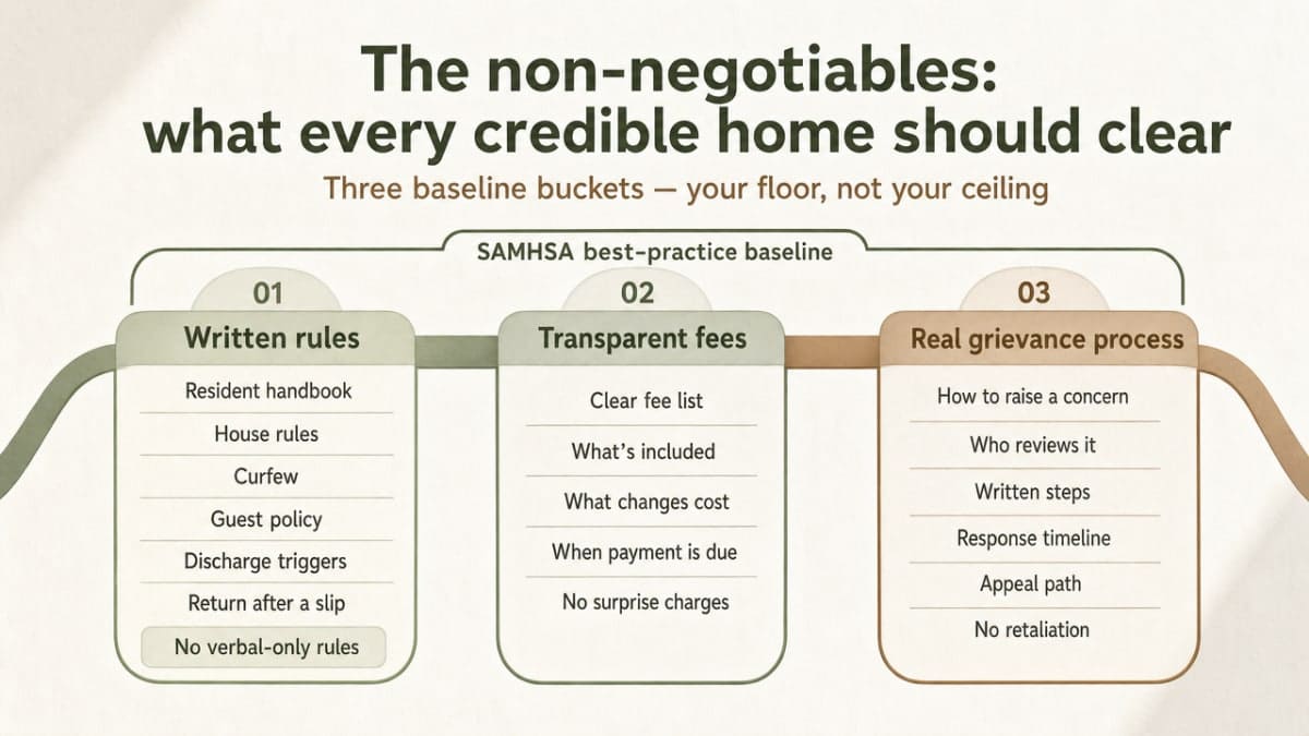 What to Look For in Sober Living Homes Near Me 1 Visualize the three baseline buckets a credible recovery residence must clear, mapping directly to SAMHSA best practices referenced in the section's three subsections