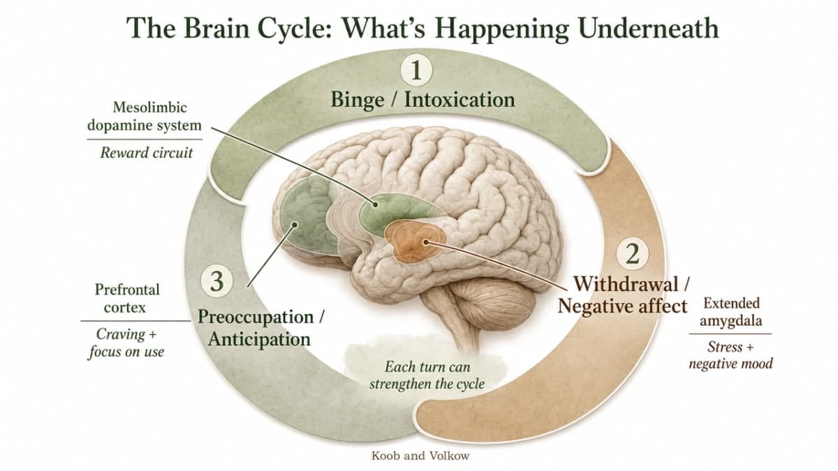 The Stages of Addictions: What Stage Are You In? 1 Visualize the three-stage brain cycle of addiction (binge/intoxication, withdrawal/negative affect, preoccupation/anticipation) cited from Koob and Volkow, including the associated brain regions for each stage as described in the section