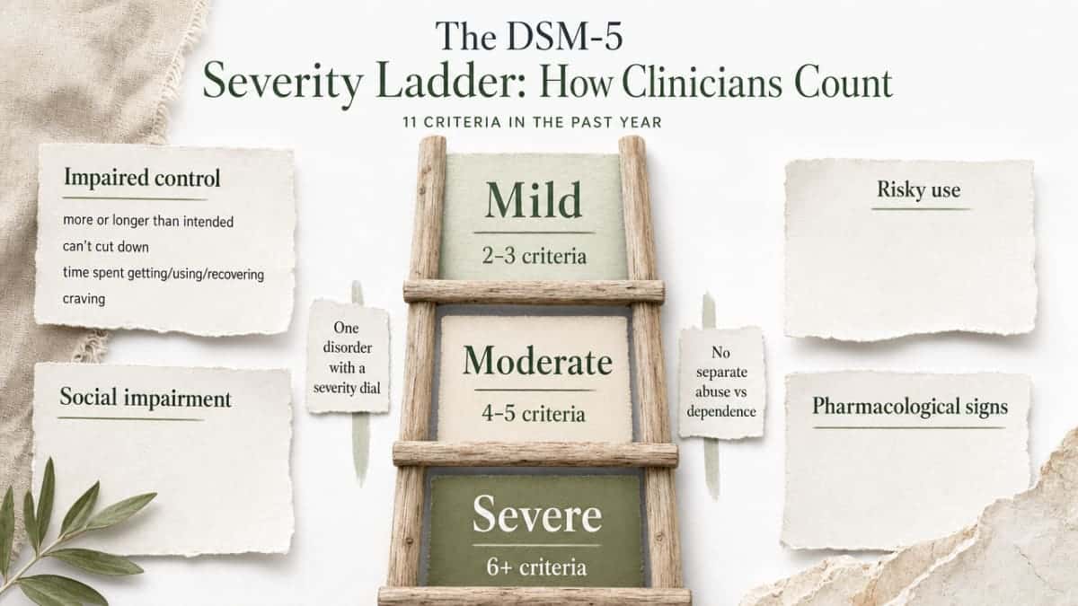 The Stages of Addictions: What Stage Are You In? 2 Show the DSM-5 severity tiers (mild: 2–3 criteria, moderate: 4–5, severe: 6+) alongside the four diagnostic clusters (impaired control, social impairment, risky use, pharmacological signs) that are explicitly enumerated in this section