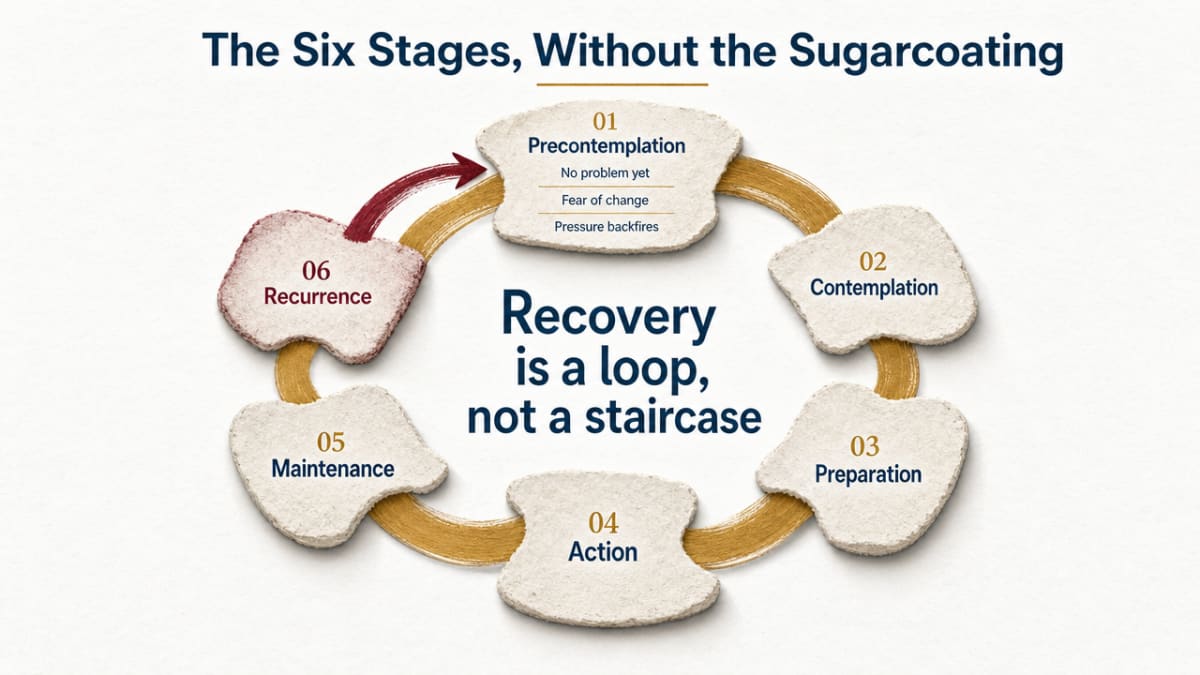 The Stages of Recovery: A Guide for the Ups & Downs 1 Visualize the cyclical loop of the six stages described in this section (precontemplation, contemplation, preparation, action, maintenance, recurrence) to reinforce the article's central thesis that recovery is a loop, not a staircase