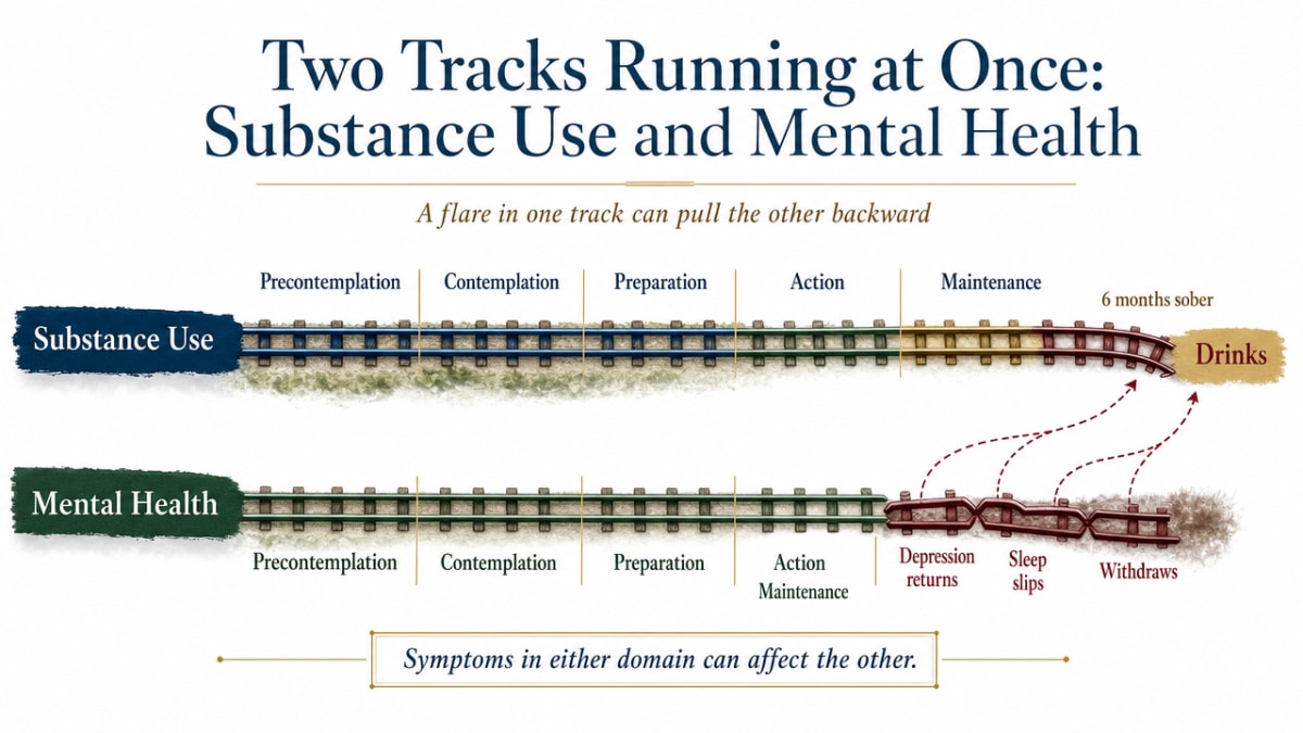 The Stages of Recovery: A Guide for the Ups & Downs 2 Illustrate the parallel-tracks concept central to this section — substance use and mental health moving through the same stages simultaneously and influencing each other