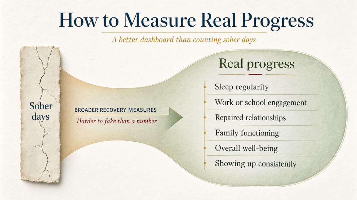 The Stages of Recovery: A Guide for the Ups & Downs 3 Visualize the six functional indicators of progress listed in this section as an alternative dashboard to counting sober days, directly supporting the cited research on broader recovery measures