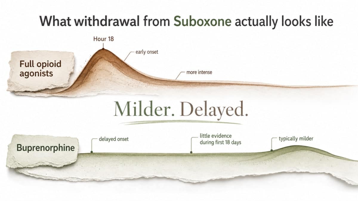 Is It Suboxone Addiction or Physical Dependence? 2 Visualize the article's withdrawal timeline comparison between full opioid agonists and buprenorphine, which is the central explanatory device of this section