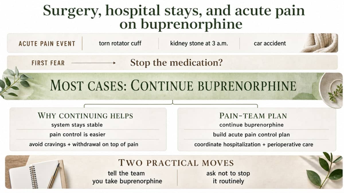 Is It Suboxone Addiction or Physical Dependence? 3 Visualize the section's cited operating plan for managing acute pain while continuing buprenorphine, including the pain-team options and the two practical patient moves