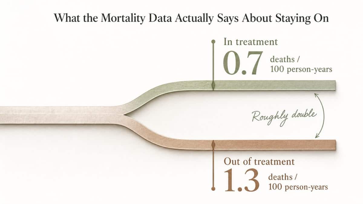 Suboxone Dependence: Helping or Hurting Your Recovery? 1 Visualize the cited mortality comparison between patients in treatment versus out of treatment, which is directly stated in the section prose with the same numbers
