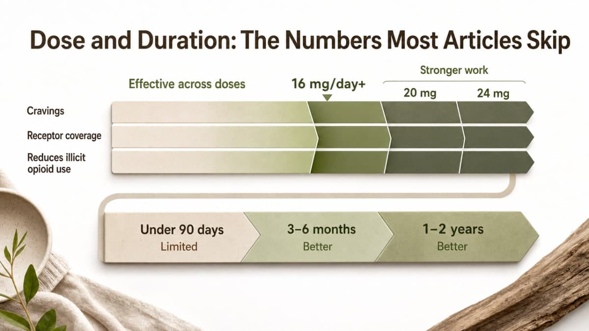 Suboxone Dependence: Helping or Hurting Your Recovery? 2 Visualize the cited dose threshold (16 mg/day) and duration thresholds (under 90 days limited, 3-6 months and 1-2 years better) discussed in this section, both numbers appear in the surrounding prose