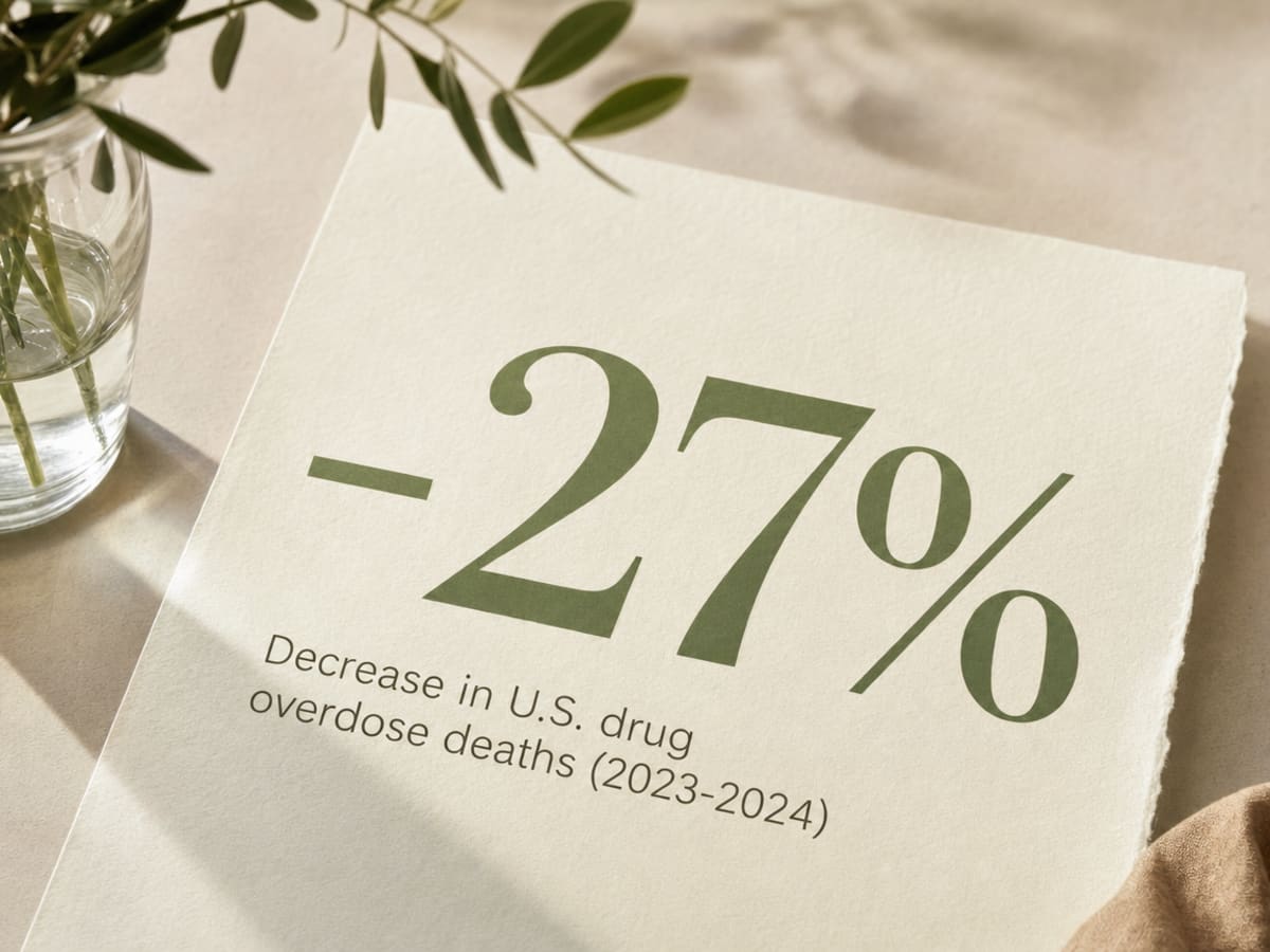 Identifying Substance Abuse Symptoms in a Loved One 1 Infographic showing Decrease in U.S. drug overdose deaths (2023-2024)