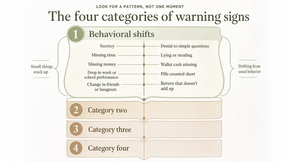 Identifying Substance Abuse Symptoms in a Loved One 2 Process infographic that visualizes the four-category framework the section explicitly walks through, helping readers organize observations into a pattern rather than a checklist
