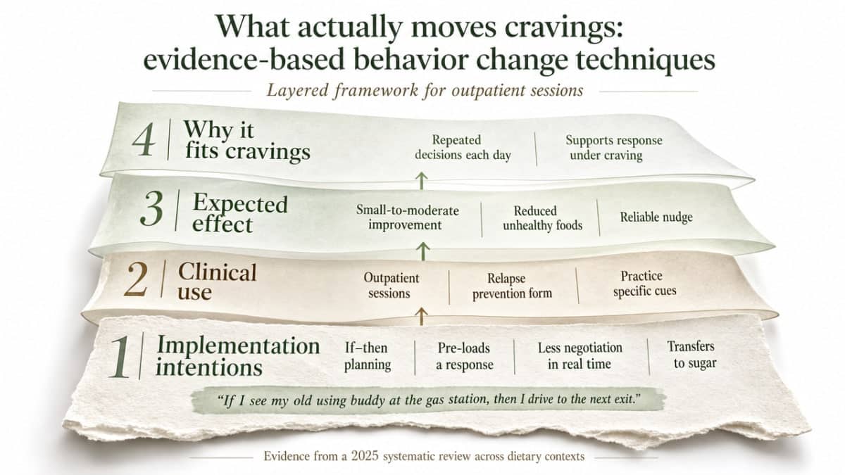 Practical Sugar Addiction Help for Cravings & Mood 2 Visualize the four behavior change techniques cited from the 2025 systematic review as a layered framework clinicians can deploy in outpatient sessions