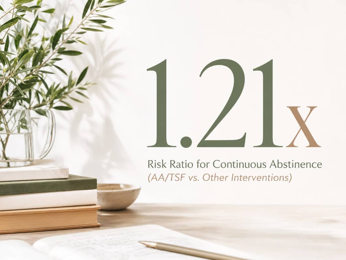 The Twelve Steps of AA: A Spiritual Path to Recovery 1 Infographic showing Risk Ratio for Continuous Abstinence (AA/TSF vs. Other Interventions)