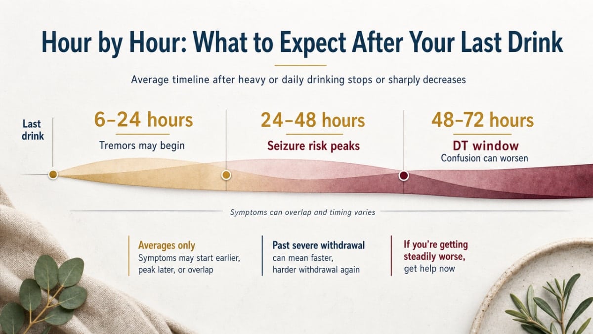 What to Do About Trembling Hands from Alcohol 1 Visualize the cited withdrawal timeline from the section, including the 6-24 hour tremor onset, 24-48 hour seizure peak, and 48-72 hour DT window