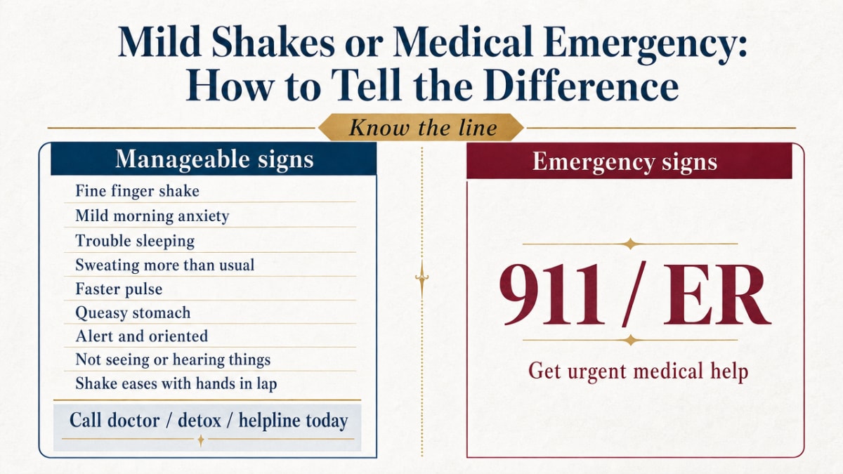 What to Do About Trembling Hands from Alcohol 2 Side-by-side comparison infographic visualizing the section's two cited lists of symptoms — manageable signs vs. emergency signs requiring 911/ER