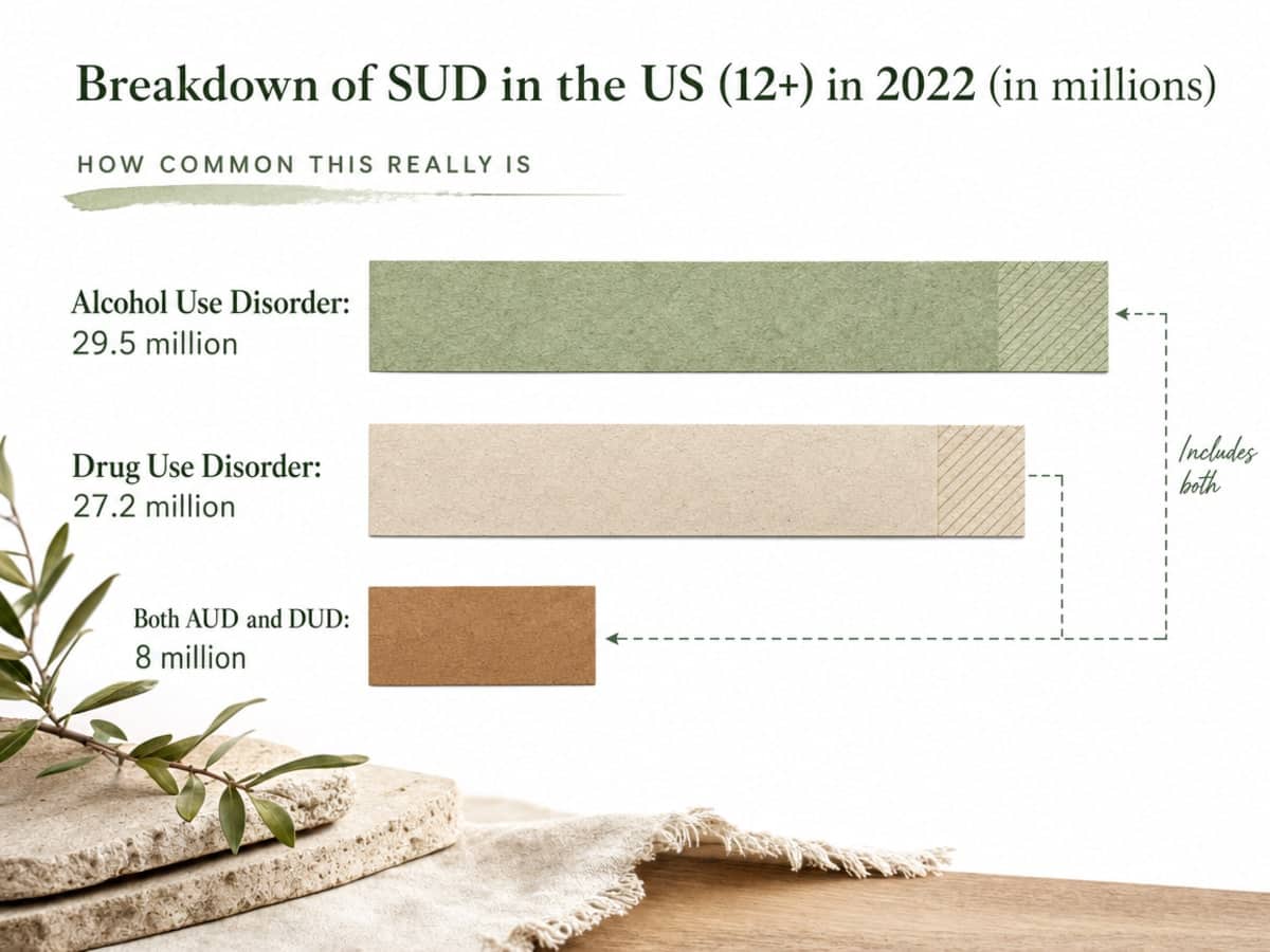 What Are the Types of Addictions to Know About? 1 Chart showing Breakdown of SUD in the US (12+) in 2022 (in millions)