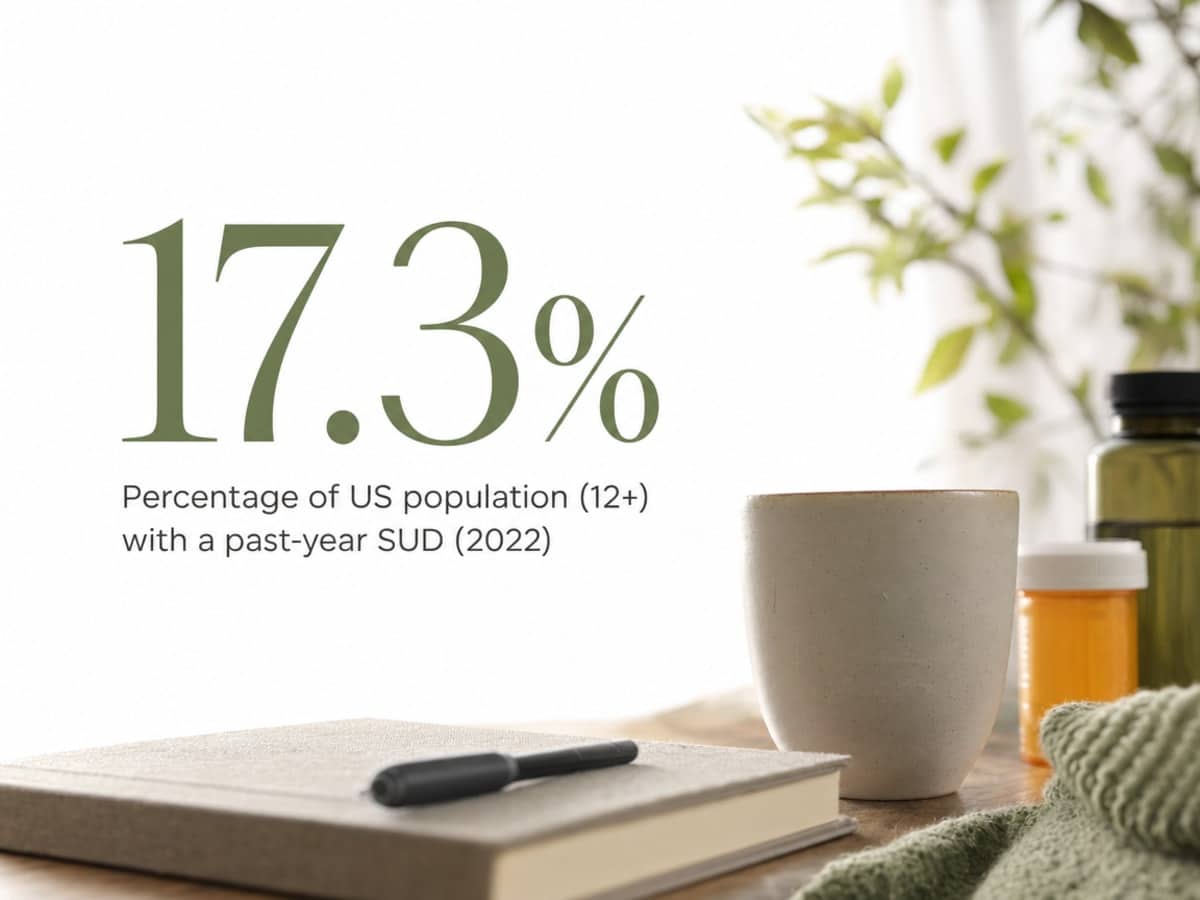 What Are the Types of Addictions to Know About? 2 Infographic showing Percentage of US population (12+) with a past-year SUD (2022)
