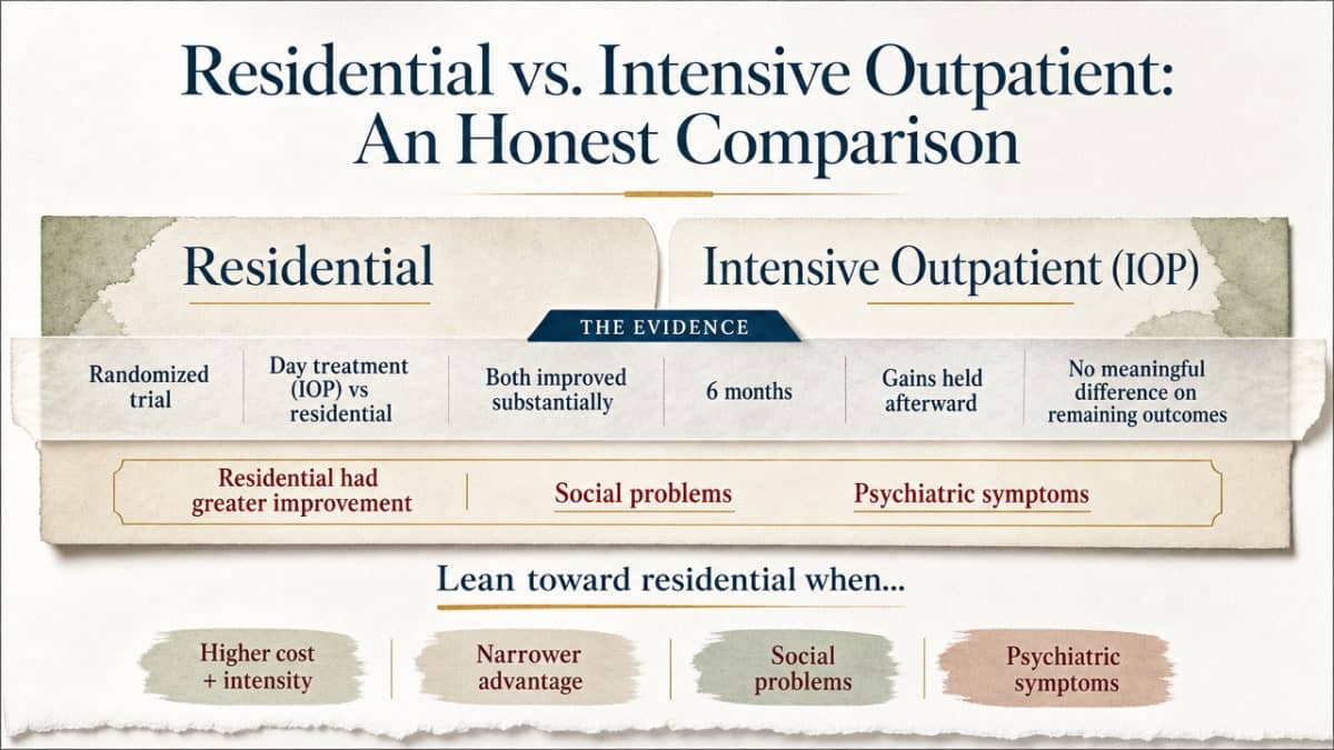 How to Choose From Types of Residential Treatment Programs 2 Visualize the comparison between residential and IOP described in the section, including when to lean each way, supported by the cited randomized trial findings