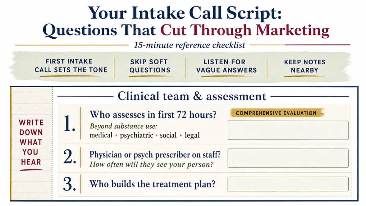 How to Choose From Types of Residential Treatment Programs 3 Visualize the intake call question framework as a structured checklist the reader can reference, directly mirroring the section's organized question categories