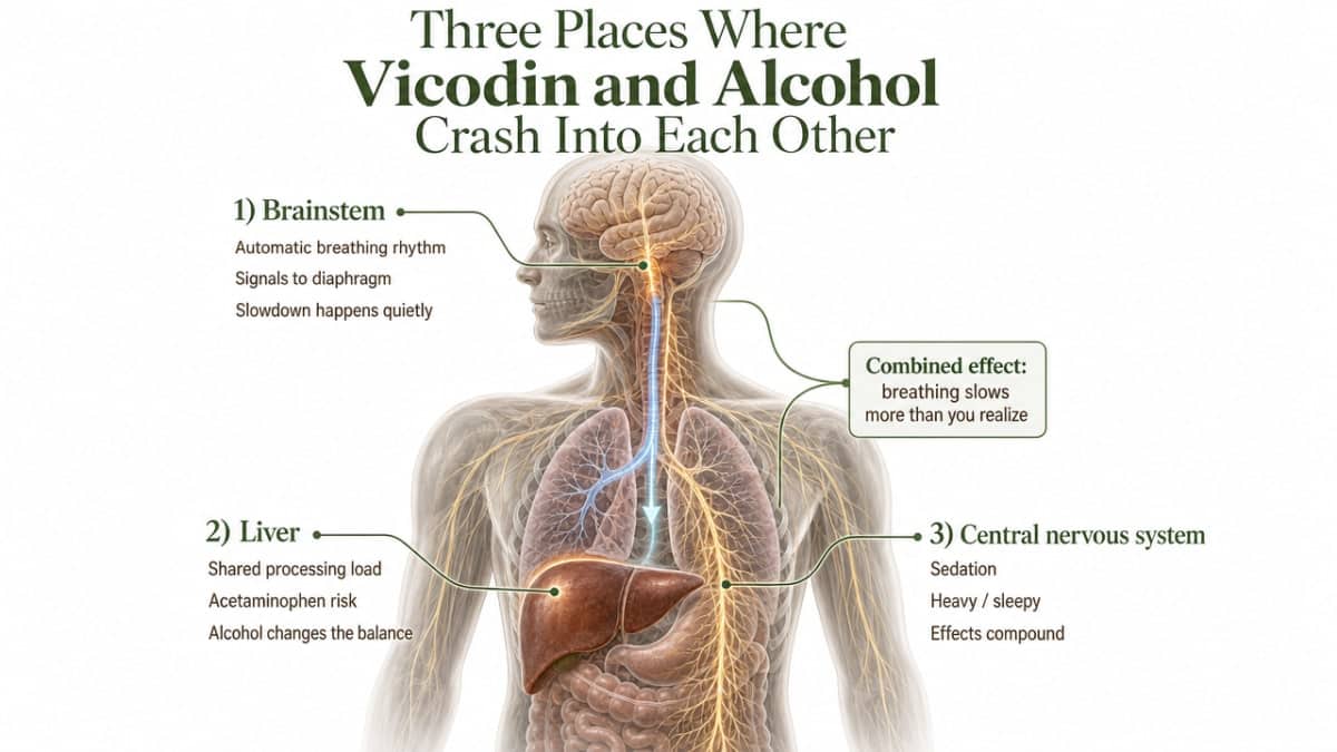 What Happens When You Mix Vicodin and Alcohol? 1 Visualize the three distinct biological collision points described in this section's subsections (brainstem, liver, central nervous system) as a process/anatomy infographic that mirrors the article's framework
