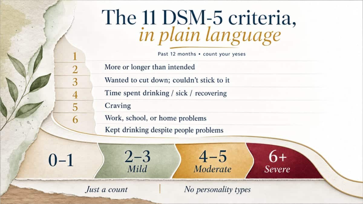 What Are the Stages of Alcoholism & What Comes Next? 1 Visualize the DSM-5 severity spectrum thresholds cited in the section so readers can map their self-count to a clinical category