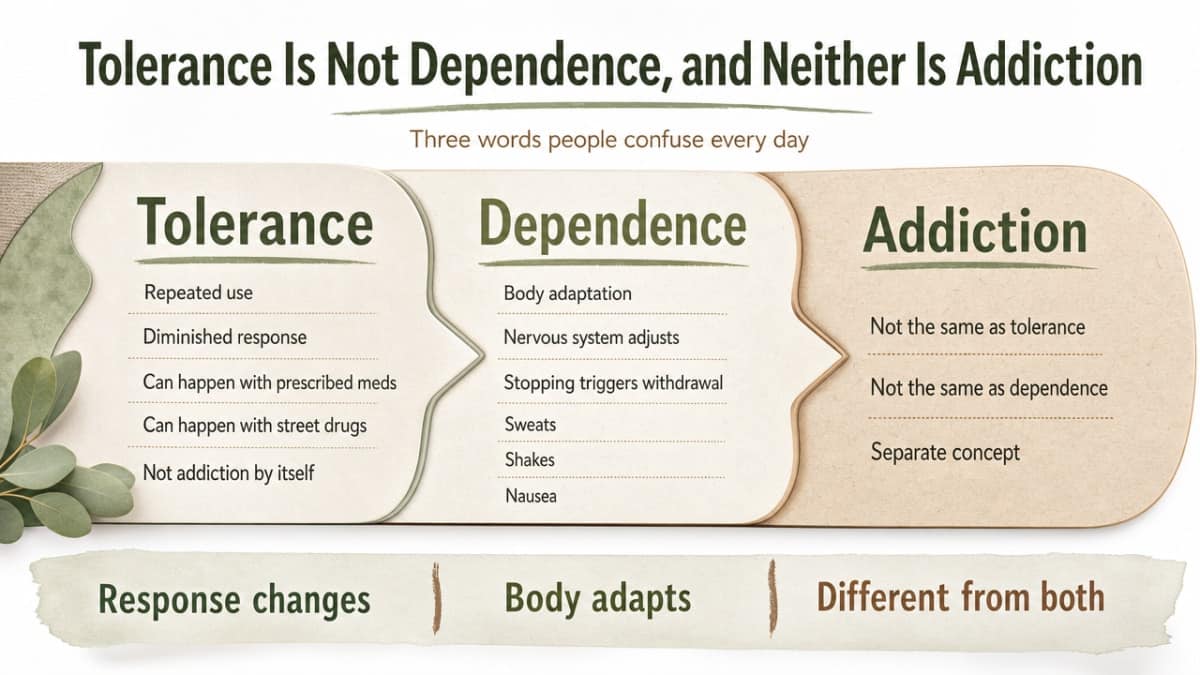 What Is Drug Tolerance? 1 Visualize the three-way comparison between tolerance, dependence, and addiction that the section explicitly defines and contrasts