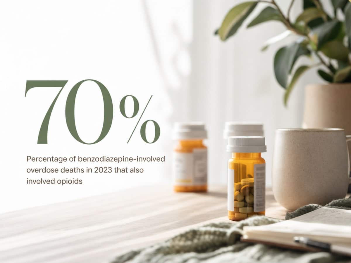 9 Hidden Xanax Addiction Symptoms You Shouldn't Ignore 1 Infographic showing Percentage of benzodiazepine-involved overdose deaths in 2023 that also involved opioids