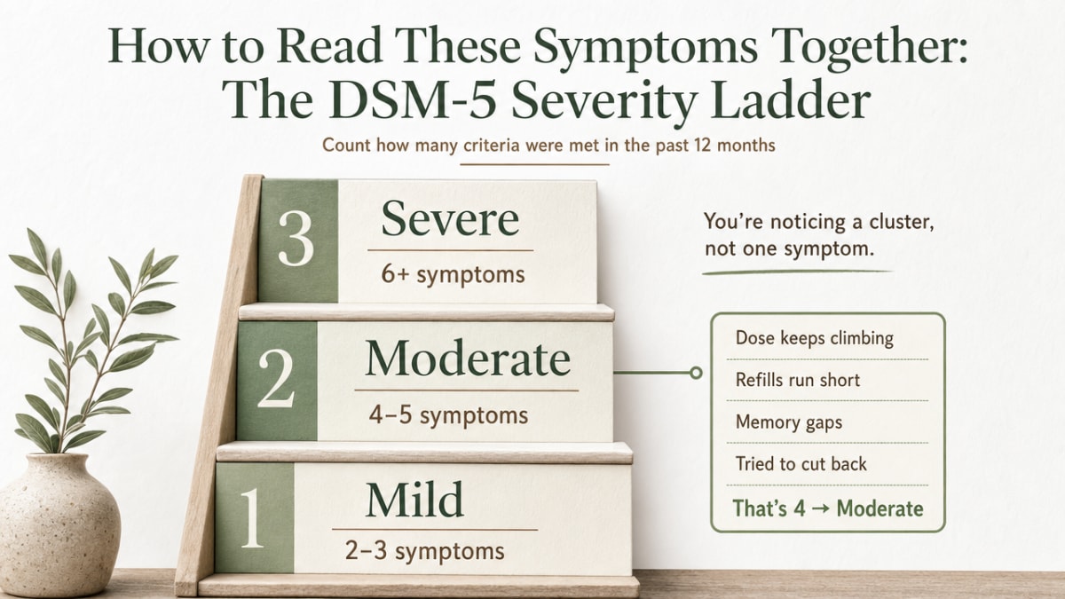 9 Hidden Xanax Addiction Symptoms You Shouldn't Ignore 2 Translate the section's cited DSM-5 severity tiers into a clear visual ladder families can use to interpret what they've observed