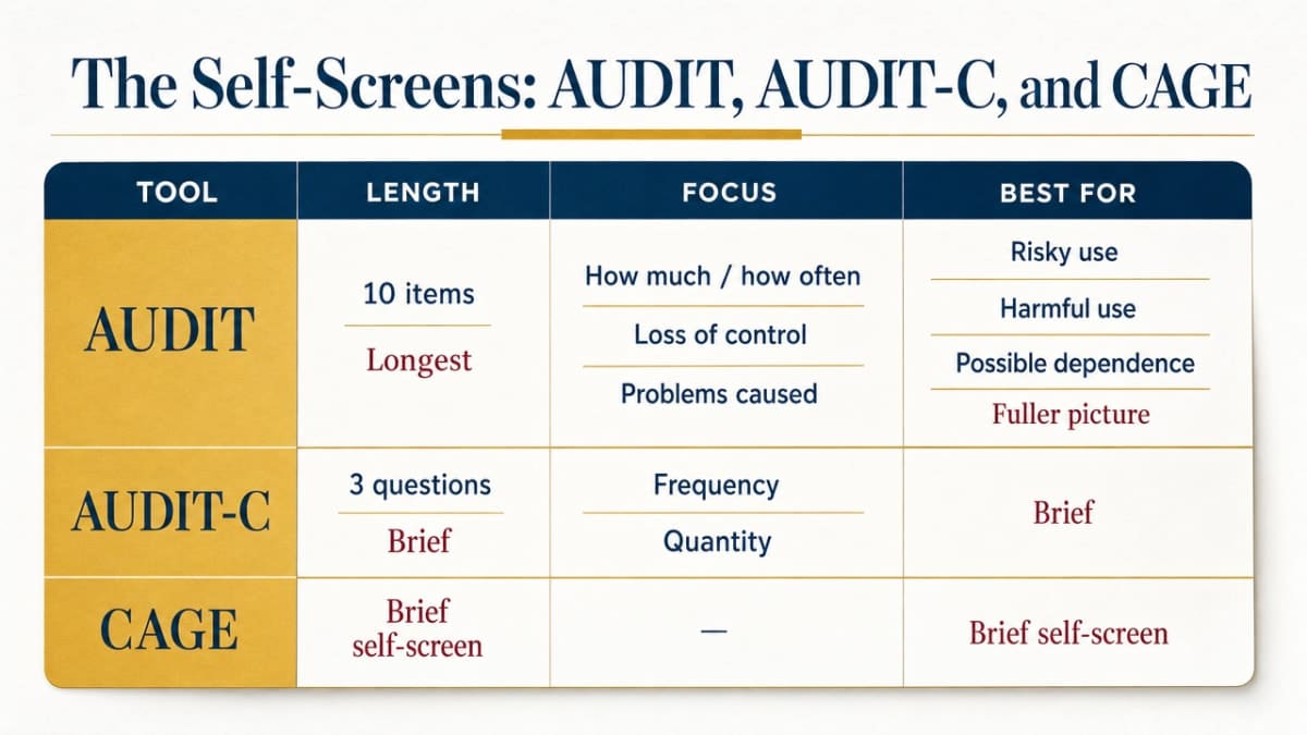 Am I an Alcoholic? 3 Comparison infographic of the three screening tools discussed in the section, matching the article's own comparison table