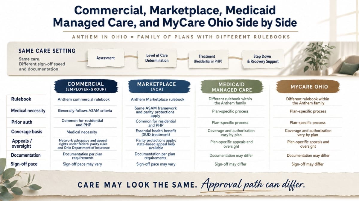 Reinforce the comparison table by visualizing how prior authorization and coverage rules differ across the four Anthem product types in Ohio