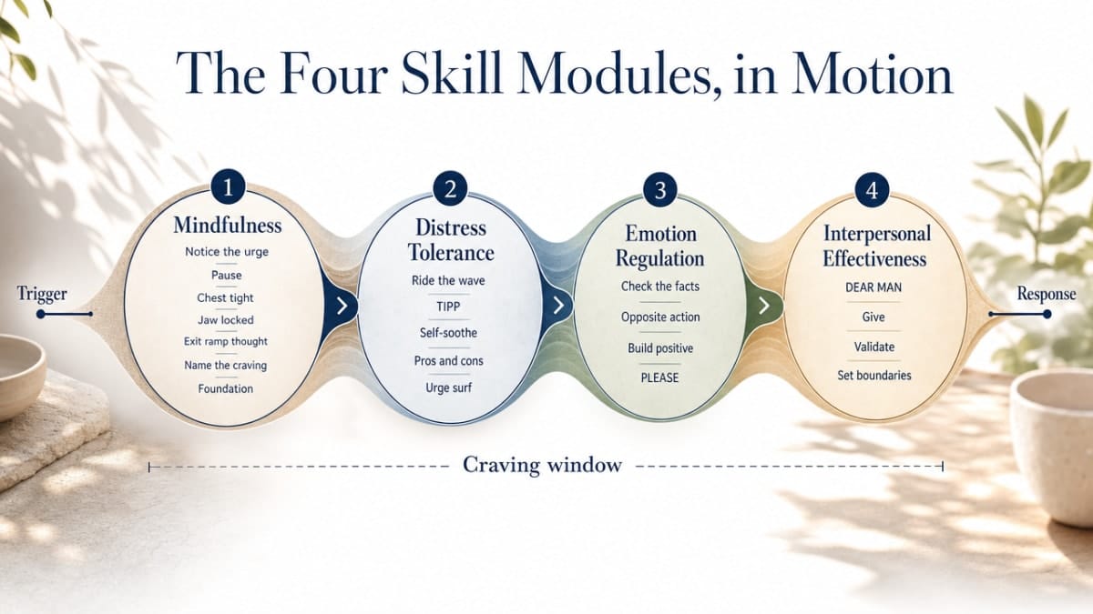 Visualize the four DBT skill modules as a sequenced framework that matches the section's structure, showing how each skill activates during a craving window