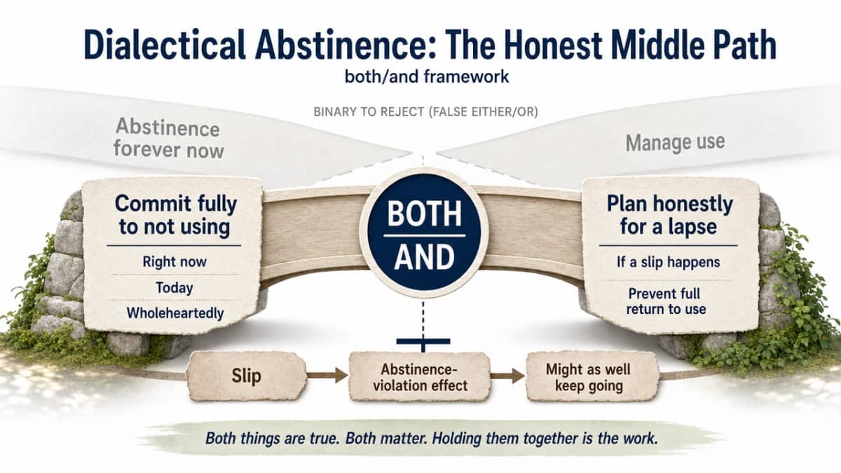 Illustrate the both/and framework of dialectical abstinence as described in the section, showing the two commitments held together