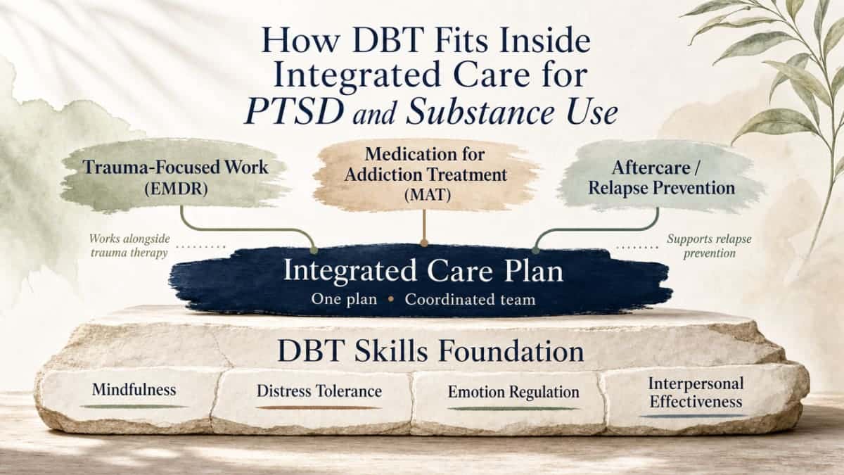 Show the integrated care operating model described in the section, with DBT skills as a foundation layer supporting trauma-focused work, MAT, and aftercare