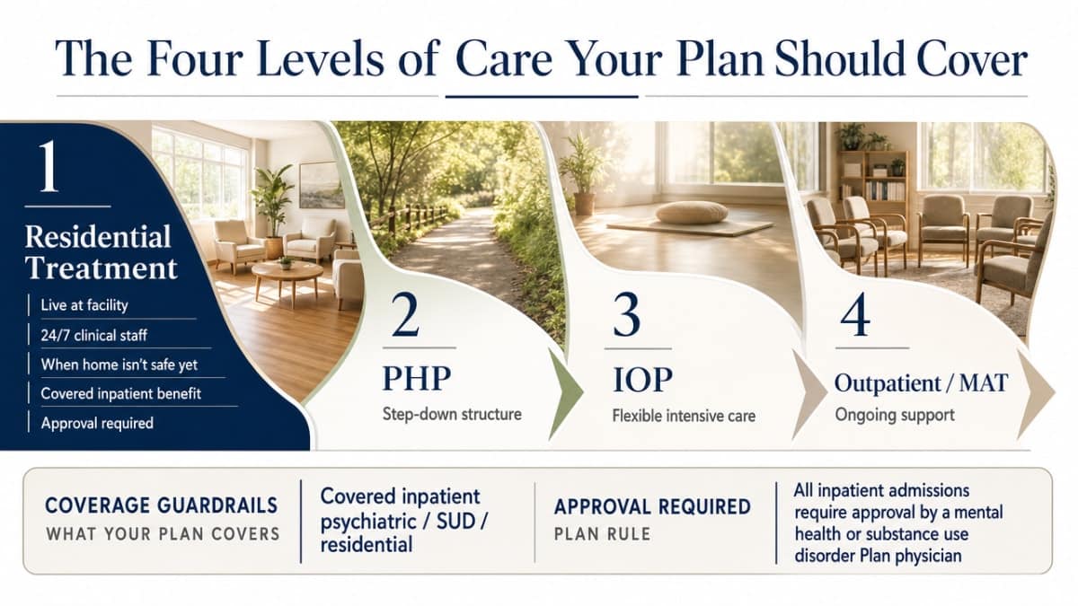 Visualize the continuum-of-care framework the section describes (residential, PHP, IOP, outpatient/MAT) with the plan's coverage guardrails cited in prose