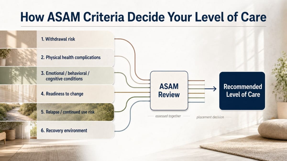 Illustrate the six ASAM dimensions used by reviewers to determine placement, directly supporting the section's framework explanation