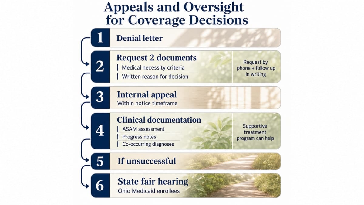 Illustrate the step-by-step appeals workflow described in the section, from denial letter through state fair hearing, using only steps cited in the article