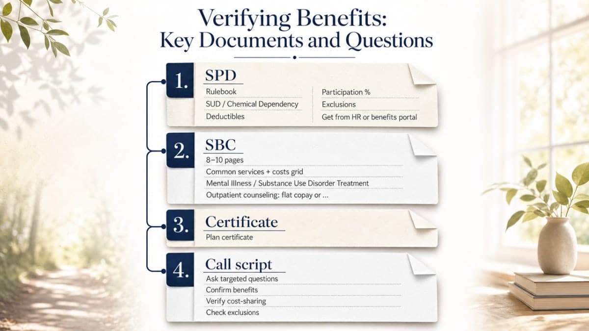 Visualize the section's four-step benefits verification workflow (SPD, SBC, Certificate, call script) which is directly enumerated in the prose