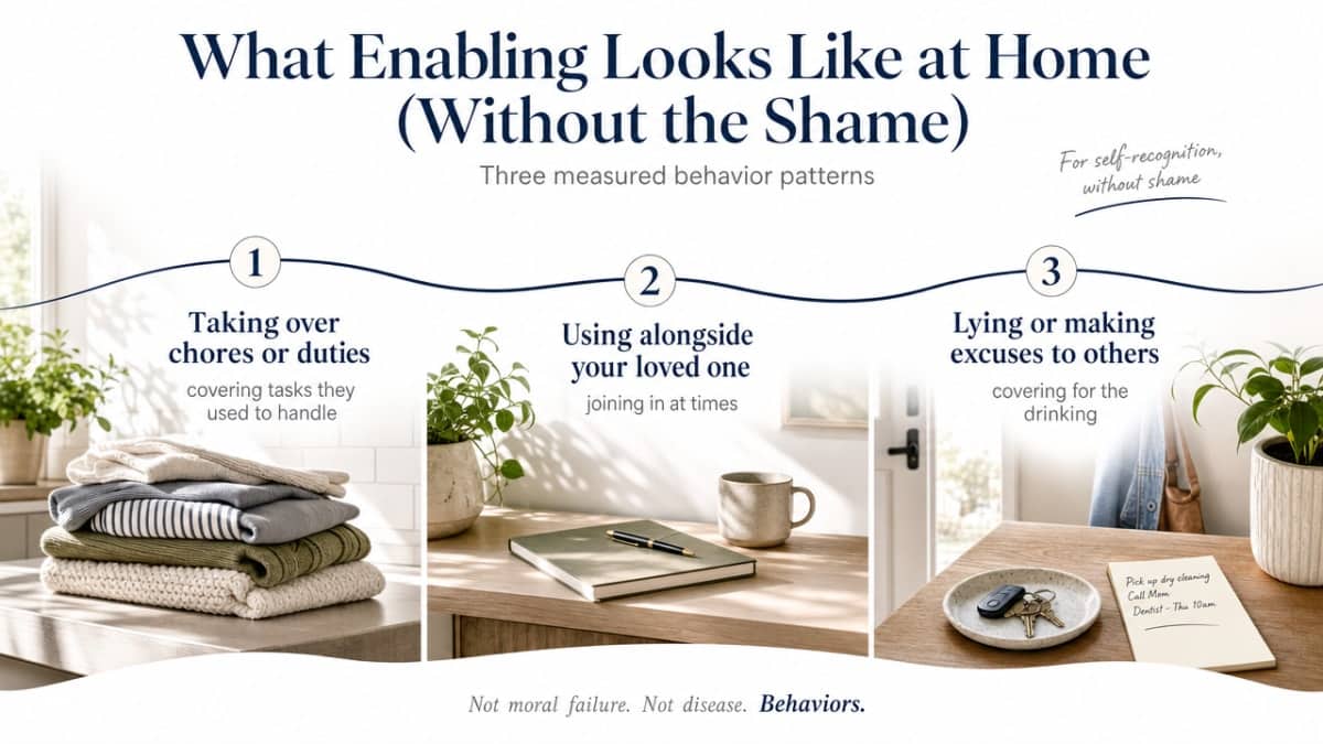 Visualize the three specific enabling behaviors identified by the Behavioral Enabling Scale research cited in this section, giving readers a clear reference for self-recognition without shame