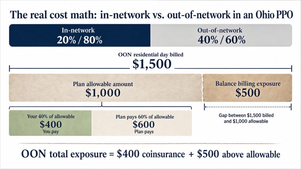 Illustrate the concrete $1,500 residential day example from the section, showing how allowable amount, coinsurance split, and balance billing exposure combine