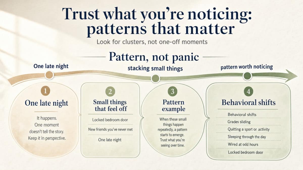 Visualize the four clusters of warning-sign patterns described in this section so parents can scan them at a glance