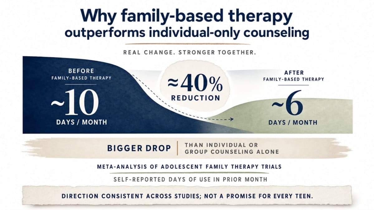 Show the meta-analytic reduction in monthly days of use for adolescents after family-based therapy, directly supporting the 40% figure cited in the paragraph