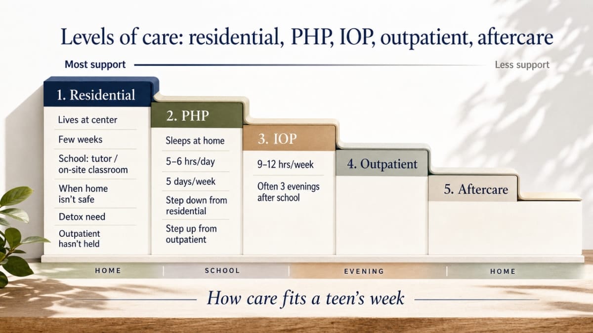 Compare the five levels of care described in the section as a stepped continuum so parents can see how they fit a teen's week