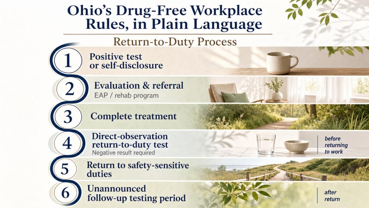 Visualize the cited return-to-work sequence under Ohio's drug-free workplace program so readers can see the exact steps before their first shift back