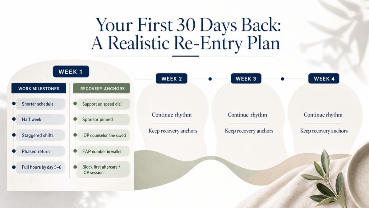 Turn the article's week-by-week re-entry guidance into a scannable 30-day framework tied to the section's cited recovery supports